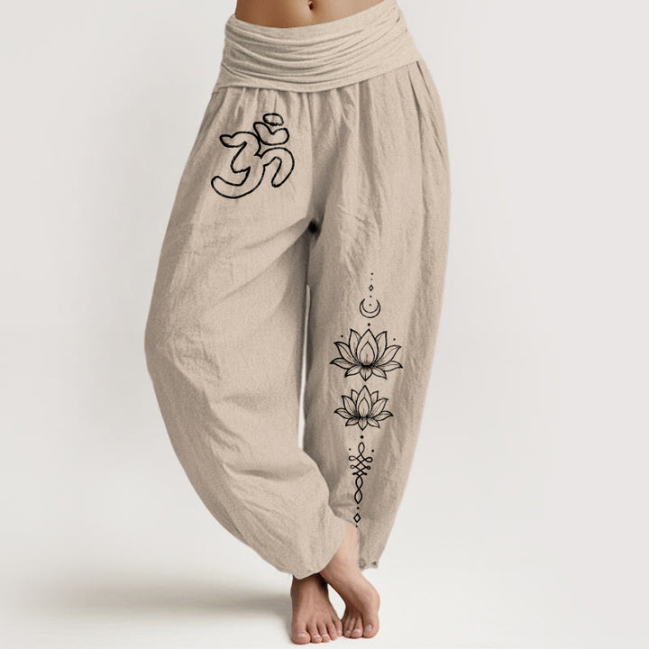 Buddha Stones Pantalones harén de algodón puro con diseño minimalista, símbolo Om, estampado de loto y luna, para mujer, cintura elástica - Broncearse - US16，UK/AU20，EU48 (3XL) - image 11