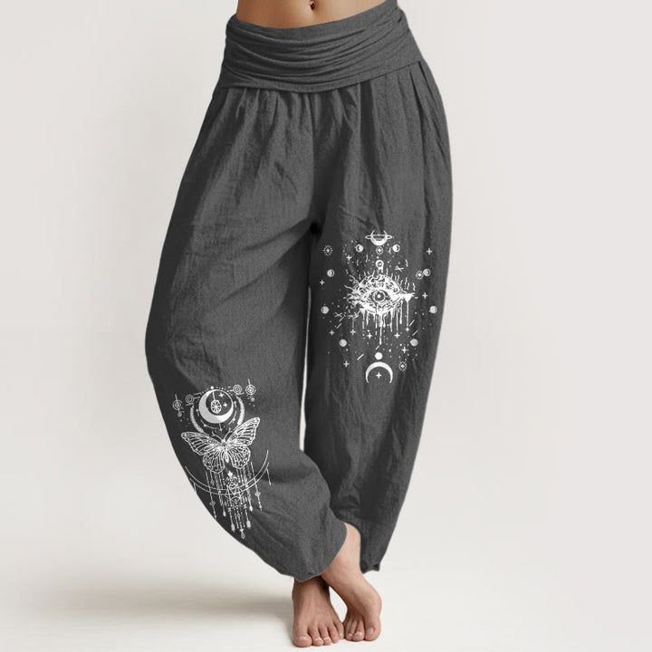 Buddha Stones Pantalones harén de algodón puro con diseño minimalista, estampado de mariposas y ojos, cintura elástica para mujer - Gris oscuro - US16，UK/AU20，EU48 (3XL) - image 8