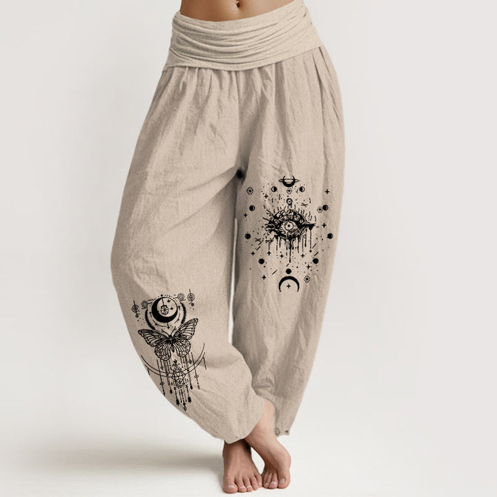 Buddha Stones Pantalones harén de algodón puro con diseño minimalista, estampado de mariposas y ojos, cintura elástica para mujer - Broncearse - US16，UK/AU20，EU48 (3XL) - image 11
