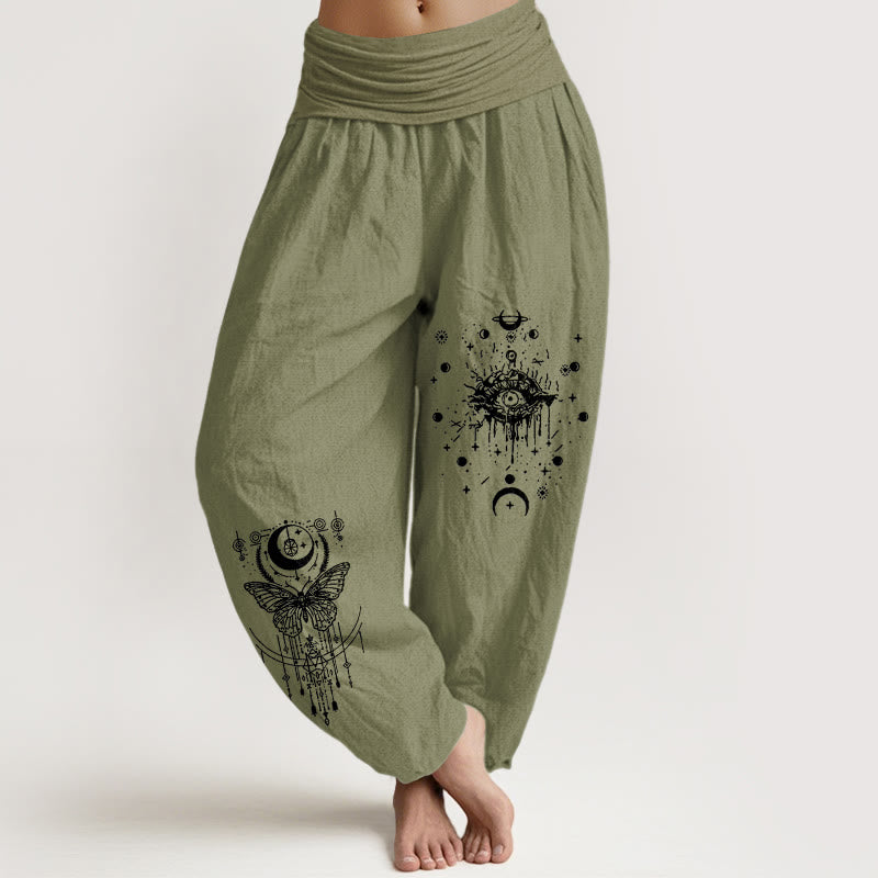 Buddha Stones Pantalones harén de algodón puro con diseño minimalista, estampado de mariposas y ojos, cintura elástica para mujer - Verde oliva - US16，UK/AU20，EU48 (3XL) - image 14