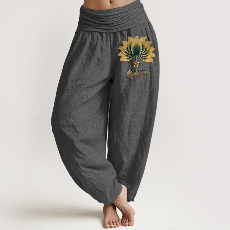 Buddha Stones Pantalones harén de algodón puro con cintura elástica y diseño de loto en colores armoniosos para mujer - Gris oscuro - US16，UK/AU20，EU48 (3XL) - image 8