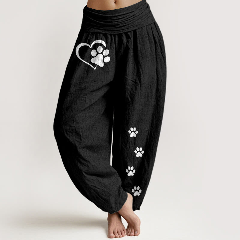 Buddha Stones Pantalones harén de algodón puro con estampado de huellas de gato y corazón para mujer, cintura elástica - Negro - US16，UK/AU20，EU48 (3XL) - image 5