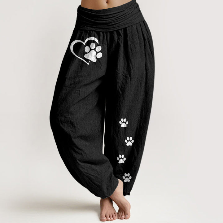 Buddha Stones Pantalones harén de algodón puro con estampado de huellas de gato y corazón para mujer, cintura elástica - Negro - US16，UK/AU20，EU48 (3XL) - image 5