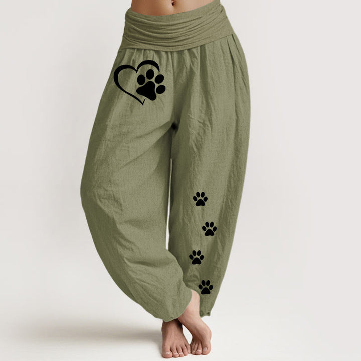 Buddha Stones Pantalones harén de algodón puro con estampado de huellas de gato y corazón para mujer, cintura elástica - Verde oliva - US16，UK/AU20，EU48 (3XL) - image 14