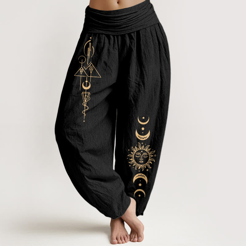 Buddha Stones Pantalones harén de algodón puro con estampado geométrico de sol y luna para mujer, cintura elástica - Negro - US16，UK/AU20，EU48 (3XL) - image 0