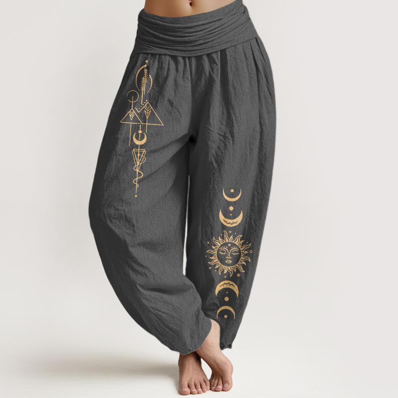 Buddha Stones Pantalones harén de algodón puro con estampado geométrico de sol y luna para mujer, cintura elástica - Gris oscuro - US16，UK/AU20，EU48 (3XL) - image 8
