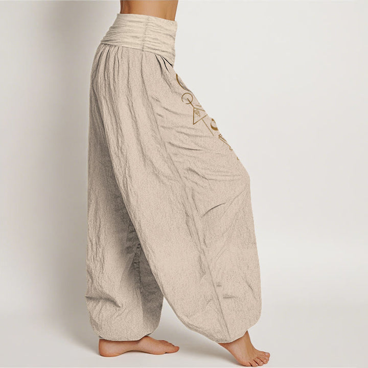 Buddha Stones Pantalones harén de algodón puro con estampado geométrico de sol y luna para mujer, cintura elástica - image 13