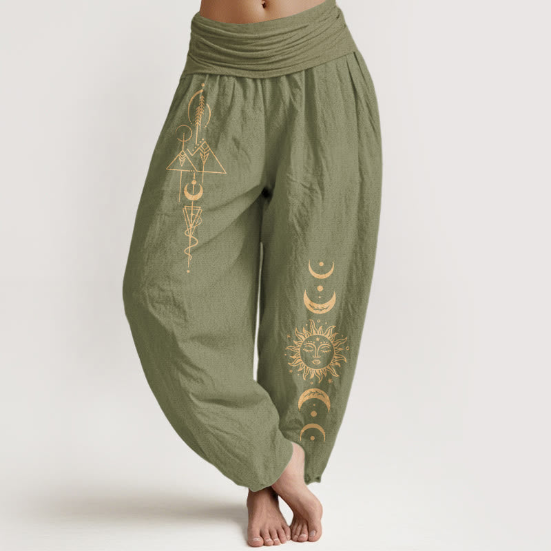 Buddha Stones Pantalones harén de algodón puro con estampado geométrico de sol y luna para mujer, cintura elástica - Verde oliva - US16，UK/AU20，EU48 (3XL) - image 14