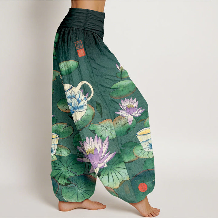 Buddha Stones Pantalones harén de algodón puro con estampado de flor de loto y hojas para mujer, cintura elástica - image 2