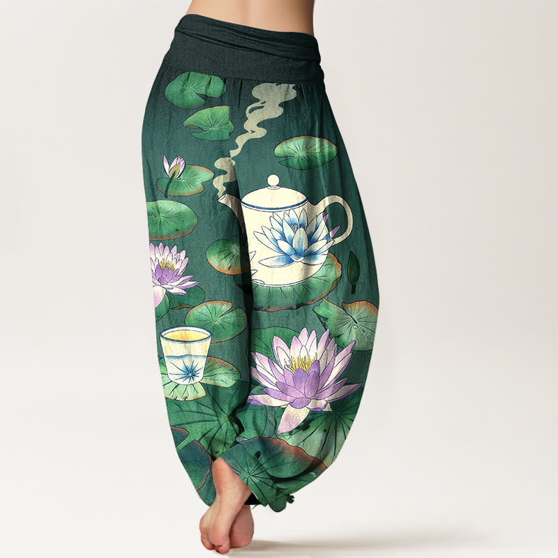 Buddha Stones Pantalones harén de algodón puro con estampado de flor de loto y hojas para mujer, cintura elástica - image 1