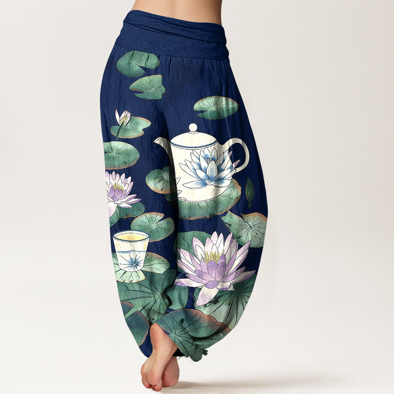 Buddha Stones Pantalones harén de algodón puro con estampado de flor de loto y hojas para mujer, cintura elástica - image 6