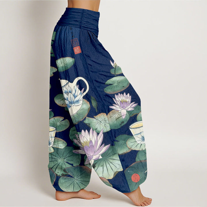 Buddha Stones Pantalones harén de algodón puro con estampado de flor de loto y hojas para mujer, cintura elástica - image 7