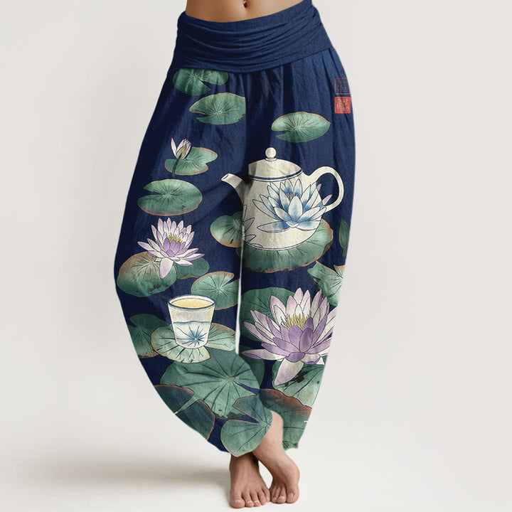 Buddha Stones Pantalones harén de algodón puro con estampado de flor de loto y hojas para mujer, cintura elástica - Azul oscuro - US16，UK/AU20，EU48 (3XL) - image 5