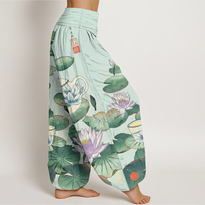 Buddha Stones Pantalones harén de algodón puro con estampado de flor de loto y hojas para mujer, cintura elástica - image 10