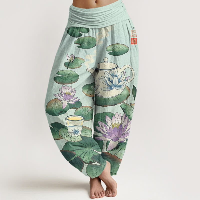 Buddha Stones Pantalones harén de algodón puro con estampado de flor de loto y hojas para mujer, cintura elástica - Cian claro - US16，UK/AU20，EU48 (3XL) - image 8