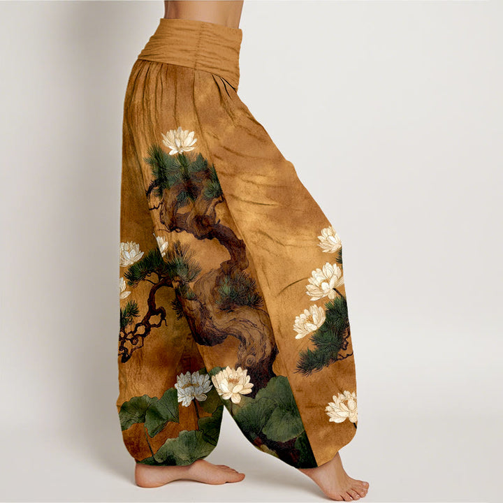 Buddha Stones Pantalones harén de algodón puro con estampado de hojas de loto y pino para mujer, cintura elástica - image 2