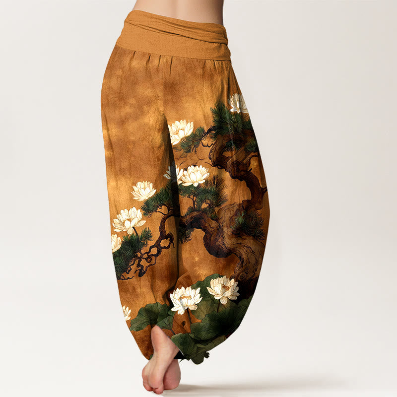 Buddha Stones Pantalones harén de algodón puro con estampado de hojas de loto y pino para mujer, cintura elástica - image 1
