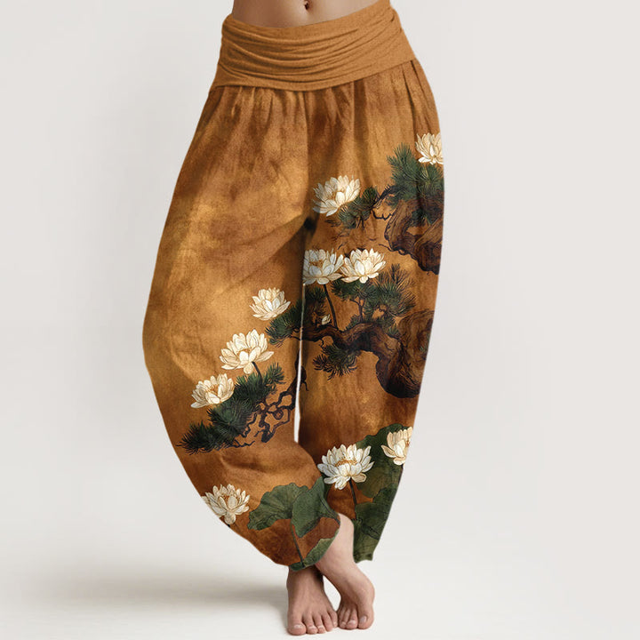 Buddha Stones Pantalones harén de algodón puro con estampado de hojas de loto y pino para mujer, cintura elástica - vara de oro - US16，UK/AU20，EU48 (3XL) - image 0