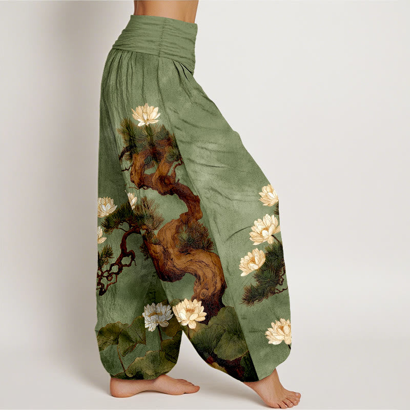 Buddha Stones Pantalones harén de algodón puro con estampado de hojas de loto y pino para mujer, cintura elástica - image 7