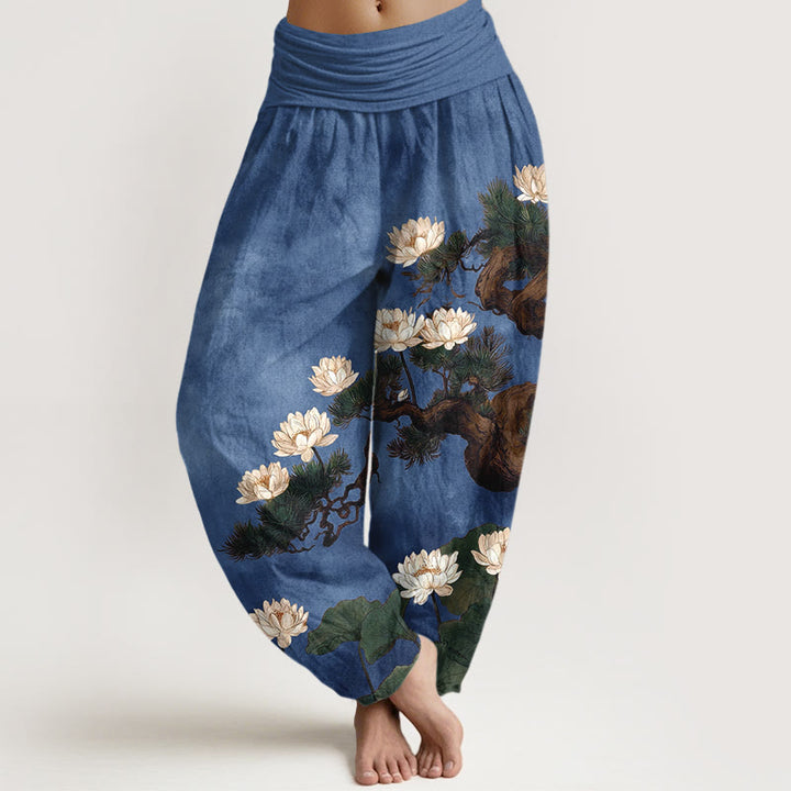 Buddha Stones Pantalones harén de algodón puro con estampado de hojas de loto y pino para mujer, cintura elástica - Azul real - US16，UK/AU20，EU48 (3XL) - image 8