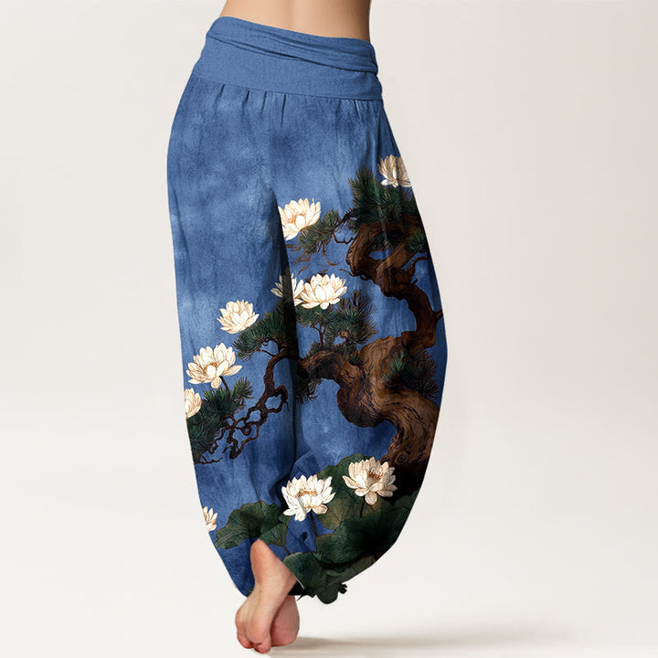 Buddha Stones Pantalones harén de algodón puro con estampado de hojas de loto y pino para mujer, cintura elástica - image 9