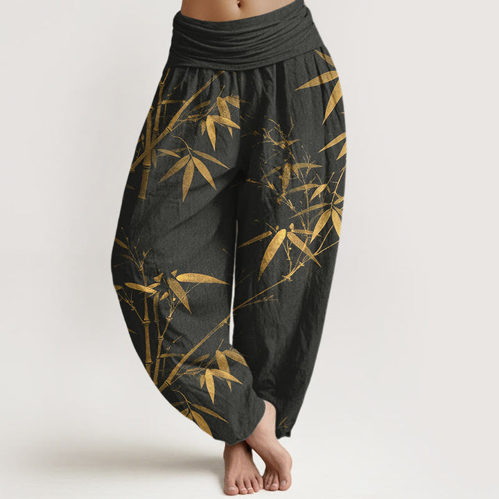 Buddha Stones Pantalones harén de cintura elástica para mujer con estampado clásico de bambú de algodón puro - Negro - US16，UK/AU20，EU48 (3XL) - image 8