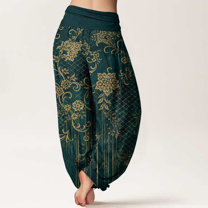 Buddha Stones Pantalones harén de algodón puro con estampado clásico de flores, hojas y enredaderas para mujer, con cintura elástica - image 1