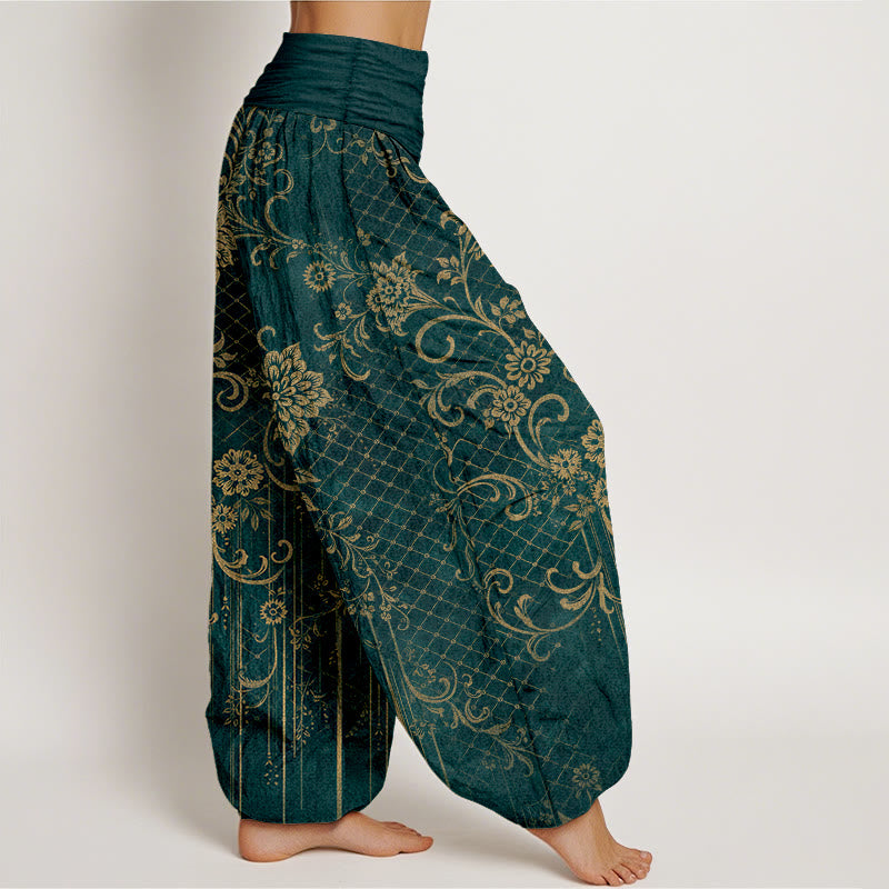 Buddha Stones Pantalones harén de algodón puro con estampado clásico de flores, hojas y enredaderas para mujer, con cintura elástica - image 2