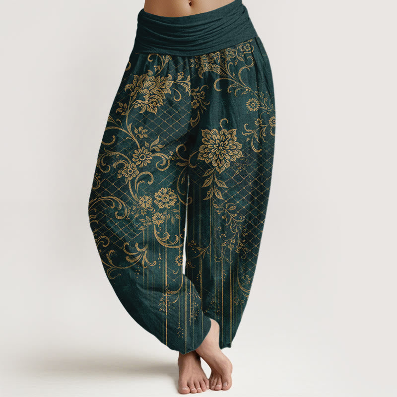 Buddha Stones Pantalones harén de algodón puro con estampado clásico de flores, hojas y enredaderas para mujer, con cintura elástica - Verde oscuro - US16，UK/AU20，EU48 (3XL) - image 0