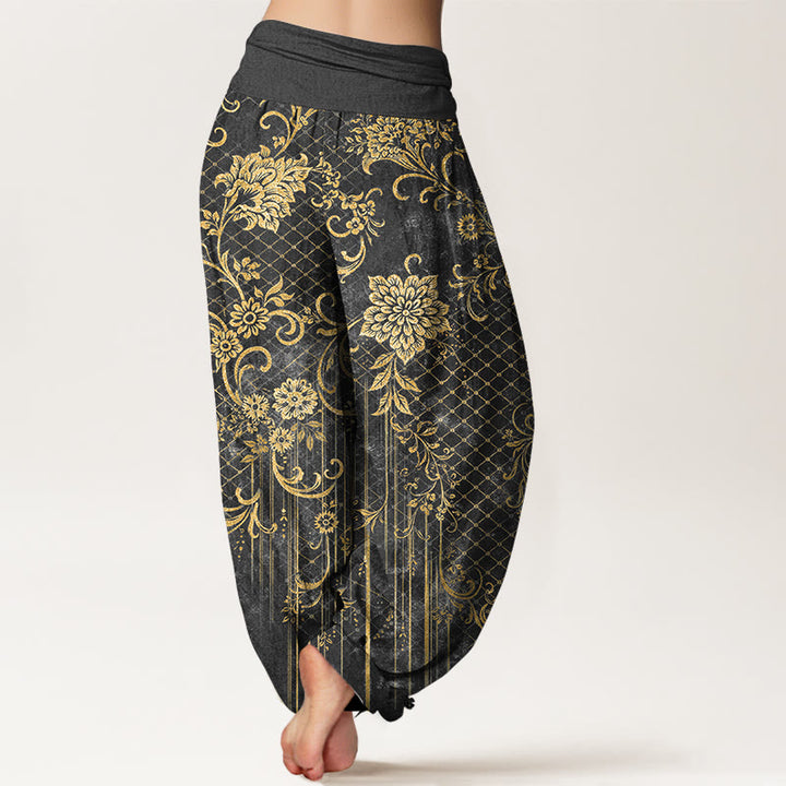 Buddha Stones Pantalones harén de algodón puro con estampado clásico de flores, hojas y enredaderas para mujer, con cintura elástica - image 6