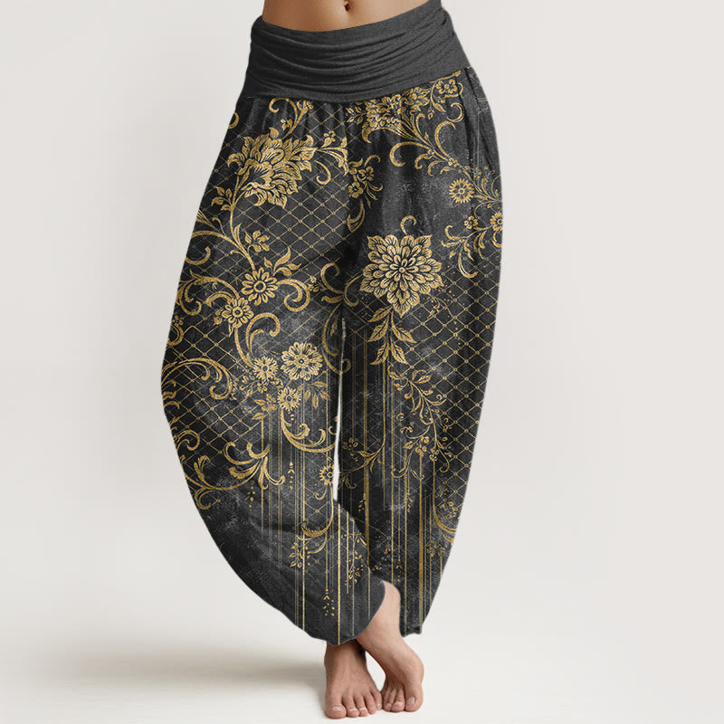 Buddha Stones Pantalones harén de algodón puro con estampado clásico de flores, hojas y enredaderas para mujer, con cintura elástica - Gris oscuro - US16，UK/AU20，EU48 (3XL) - image 5