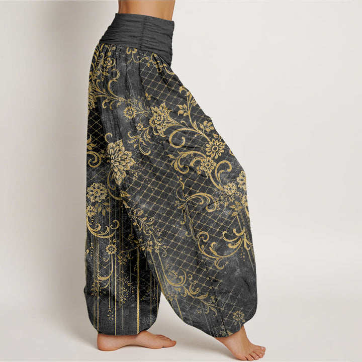 Buddha Stones Pantalones harén de algodón puro con estampado clásico de flores, hojas y enredaderas para mujer, con cintura elástica - image 7