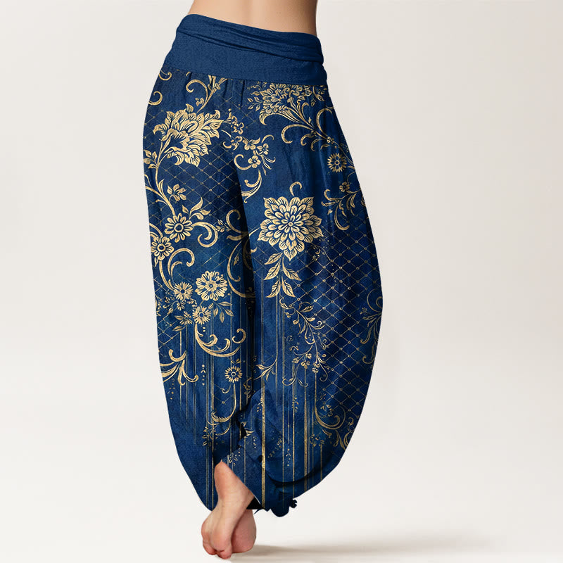 Buddha Stones Pantalones harén de algodón puro con estampado clásico de flores, hojas y enredaderas para mujer, con cintura elástica - image 9