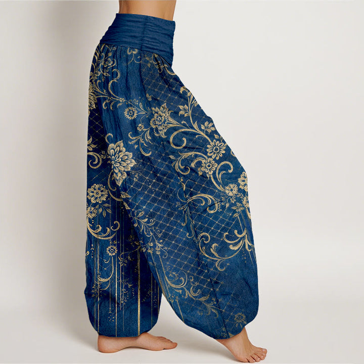Buddha Stones Pantalones harén de algodón puro con estampado clásico de flores, hojas y enredaderas para mujer, con cintura elástica - image 10