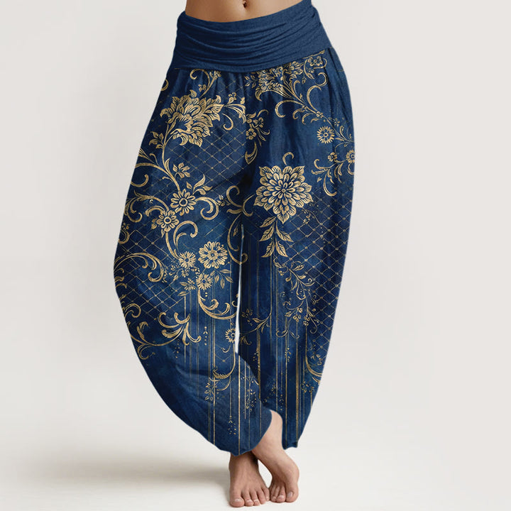 Buddha Stones Pantalones harén de algodón puro con estampado clásico de flores, hojas y enredaderas para mujer, con cintura elástica - Azul oscuro - US16，UK/AU20，EU48 (3XL) - image 8