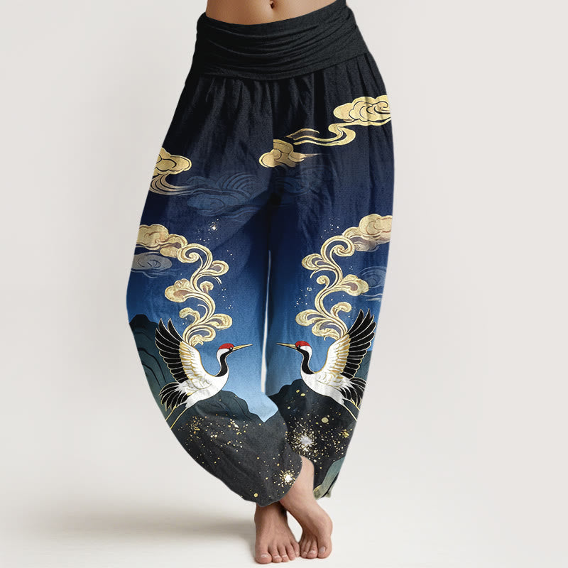 Buddha Stones Pantalones harem de algodón puro con estampado de grullas, nubes y montañas de colores para mujer, con cintura elástica. - Azul oscuro - US16，UK/AU20，EU48 (3XL) - image 0