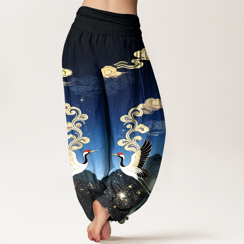 Buddha Stones Pantalones harem de algodón puro con estampado de grullas, nubes y montañas de colores para mujer, con cintura elástica. - image 1