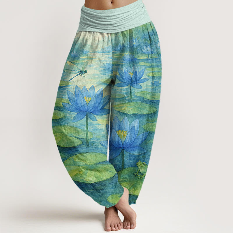 Buddha Stones Pantalones harem de mujer con cintura elástica, de algodón puro, con estampado elegante de flor de loto, hoja, libélula y rana. - Turquesa pálido - US16，UK/AU20，EU48 (3XL) - image 0