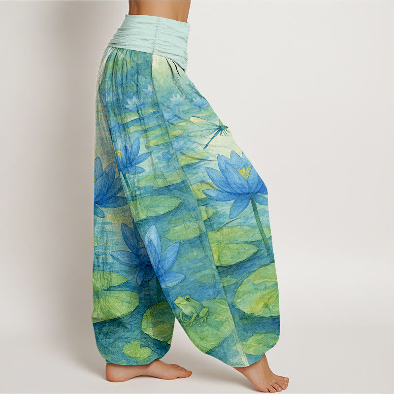 Buddha Stones Pantalones harem de mujer con cintura elástica, de algodón puro, con estampado elegante de flor de loto, hoja, libélula y rana. - image 2
