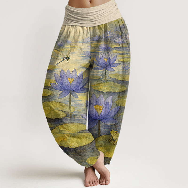 Buddha Stones Pantalones harem de mujer con cintura elástica, de algodón puro, con estampado elegante de flor de loto, hoja, libélula y rana. - Chifón de limón - US16，UK/AU20，EU48 (3XL) - image 5