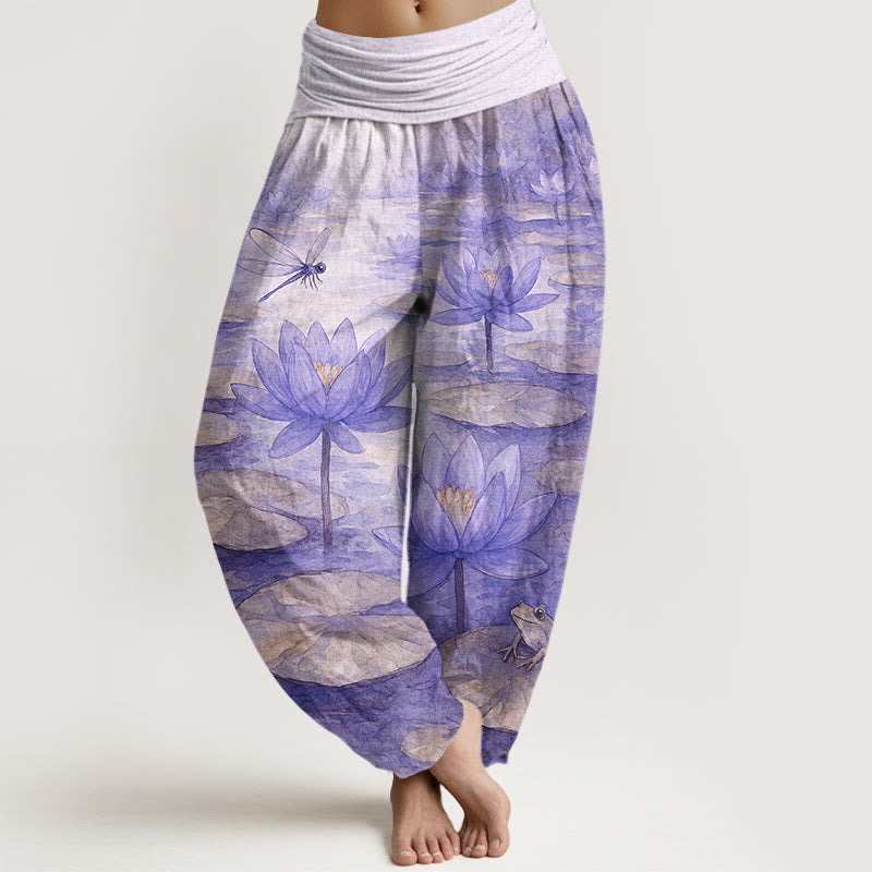 Buddha Stones Pantalones harem de mujer con cintura elástica, de algodón puro, con estampado elegante de flor de loto, hoja, libélula y rana. - Lavanda - US16，UK/AU20，EU48 (3XL) - image 8