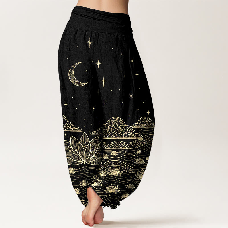 Buddha Stones Pantalones harem de mujer con cintura elástica, elegantes, de algodón puro, con estampado de luna, estrella, nube, flor de loto y ondas de agua. - image 1