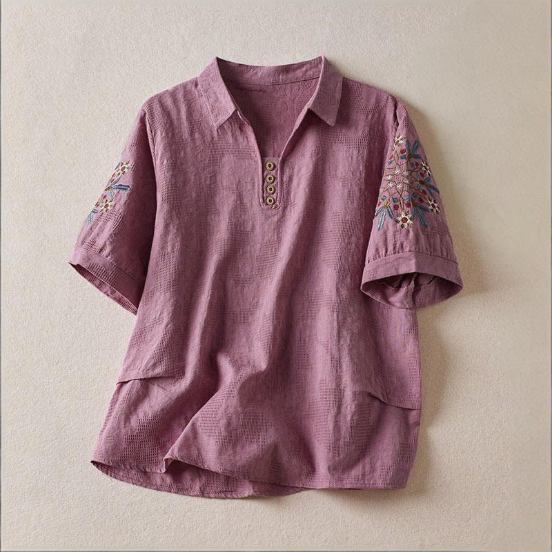 Camiseta de manga corta para mujer con solapa y estampado floral informal de Buddha Stones - Orquídea mediana - US12, UK/AU16, EU44 (3XL) - image 0
