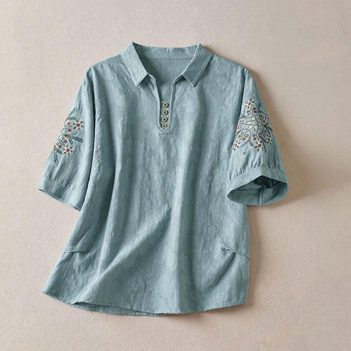 Buddha Stones Camiseta informal de algodón con solapa y estampado floral para mujer - Celeste - US12, UK/AU16, EU44 (3XL) - image 8