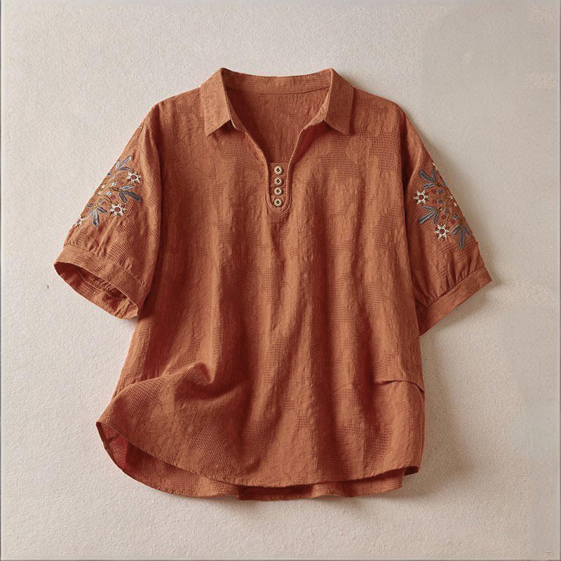 Buddha Stones Camiseta informal de algodón con solapa y estampado floral para mujer - Chocolate - US12, UK/AU16, EU44 (3XL) - image 15