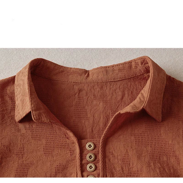 Buddha Stones Camiseta informal de algodón con solapa y estampado floral para mujer - image 22
