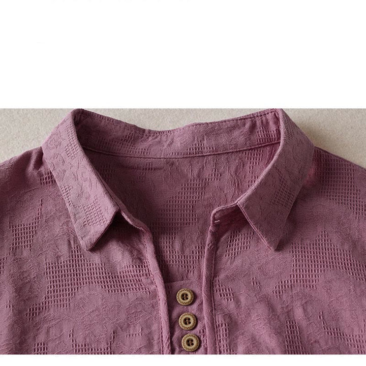 Buddha Stones Camiseta informal de algodón con solapa y estampado floral para mujer - image 7