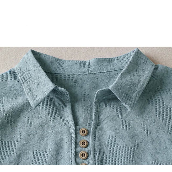 Buddha Stones Camiseta informal de algodón con solapa y estampado floral para mujer - image 14