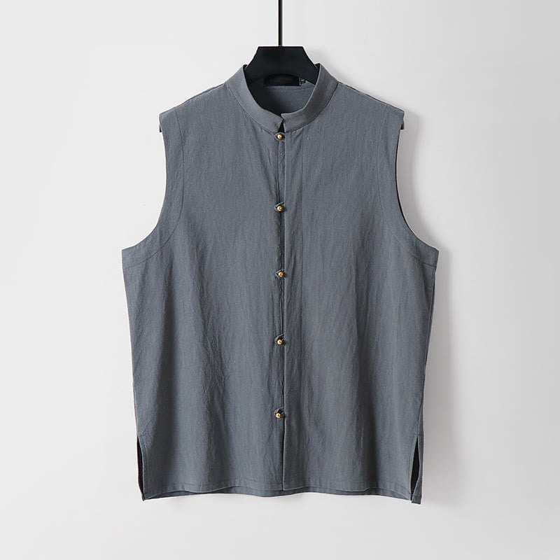 Buddha Stones Chaleco sin mangas de lino y algodón con cuello alto de color liso para hombre de verano - Gris - US/UK/AU54, EU64 (9XL) - image 0