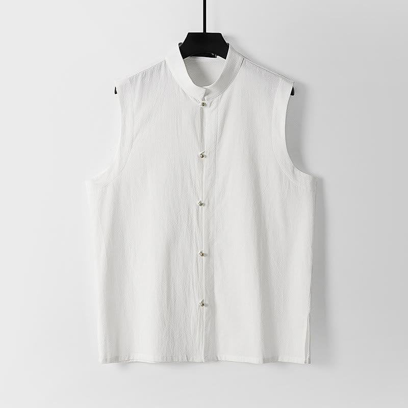 Buddha Stones Chaleco sin mangas de lino y algodón con cuello alto de color liso para hombre de verano - Blanco - US/UK/AU54, EU64 (9XL) - image 2